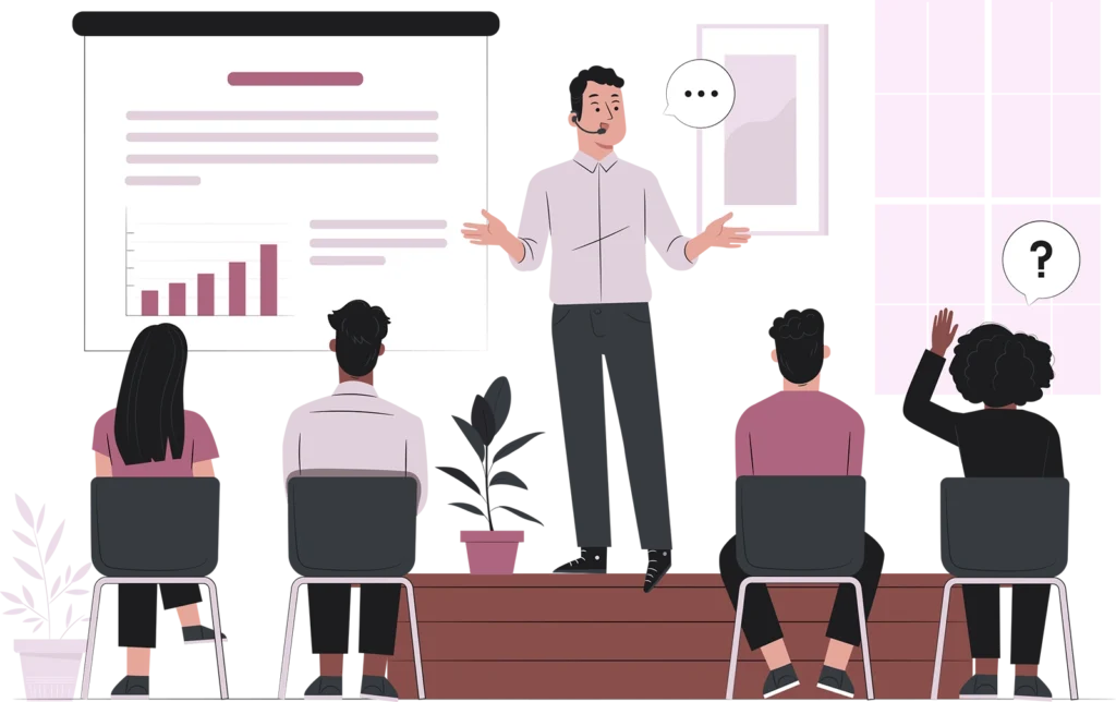 PPT para defensa de tesis: estudiante presentando resultados con gráficos en diapositiva frente a un comité o audiencia académica.