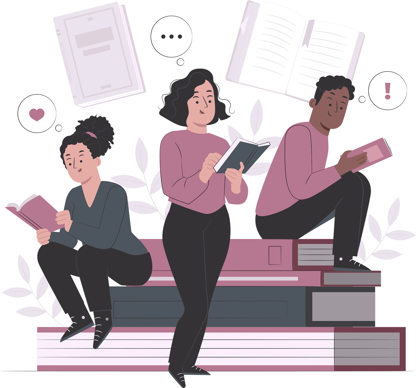 tres personas leyendo libros como representación de qué son las normas APA