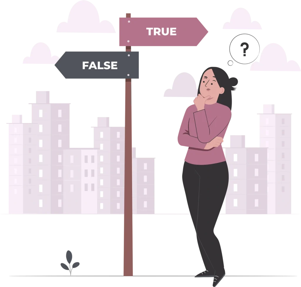 persona dudando entre verdadero y falso como representación de opiniones sobre TFG por encargo