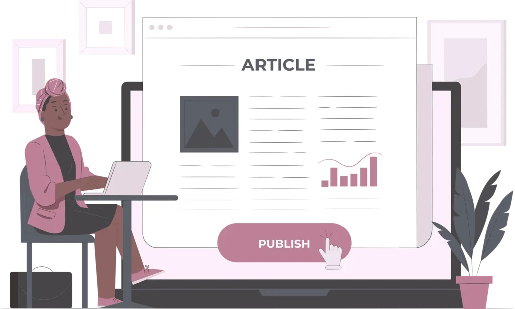 Artículo científico de tesis: investigadora redactando y publicando un artículo académico con gráficos y resultados en la pantalla.