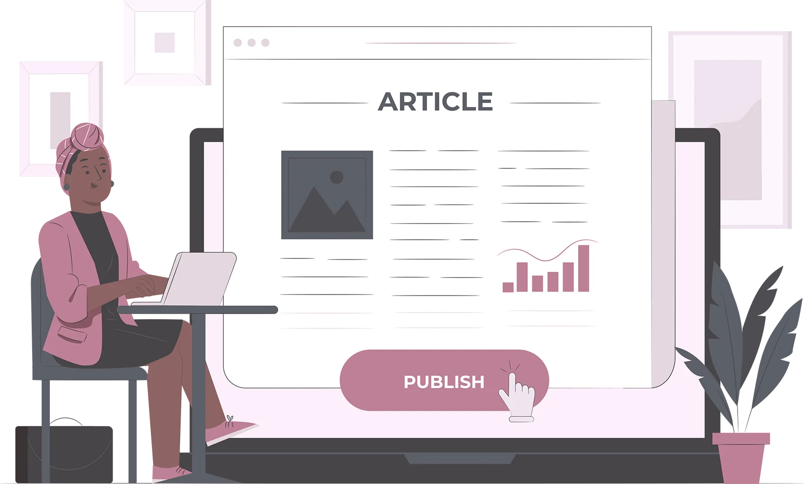 Artículo científico de tesis: investigadora redactando y publicando un artículo académico con gráficos y resultados en la pantalla.