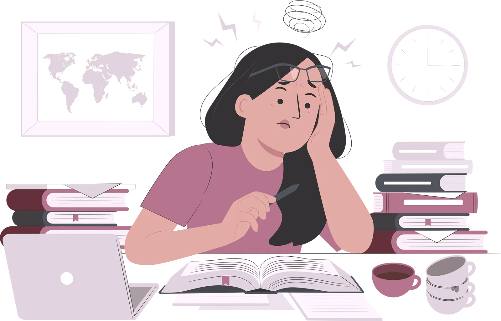 Ayuda para tesis: estudiante con estrés revisando libros y computadora mientras redacta su tesis.