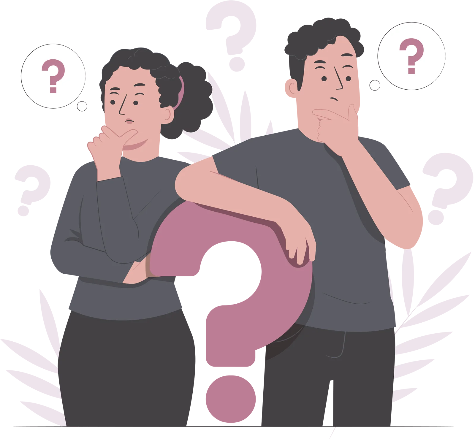 dos personas pensando frente a signos de interrogación como representación de la hipótesis de investigación