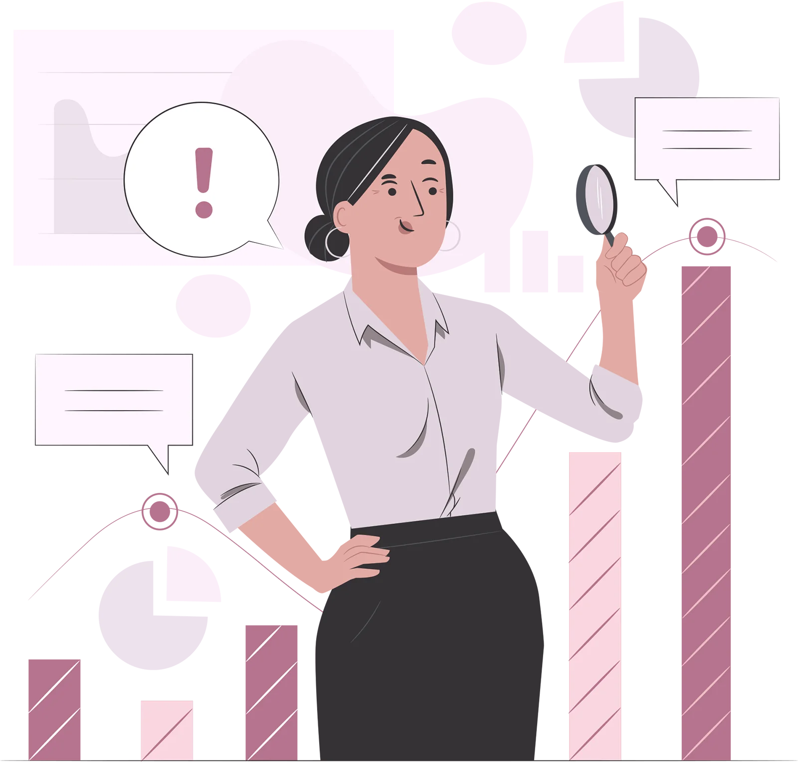 persona analizando un comentario con lupa frente a un gráfico de barras como representación de la metodología mixta en una investigación