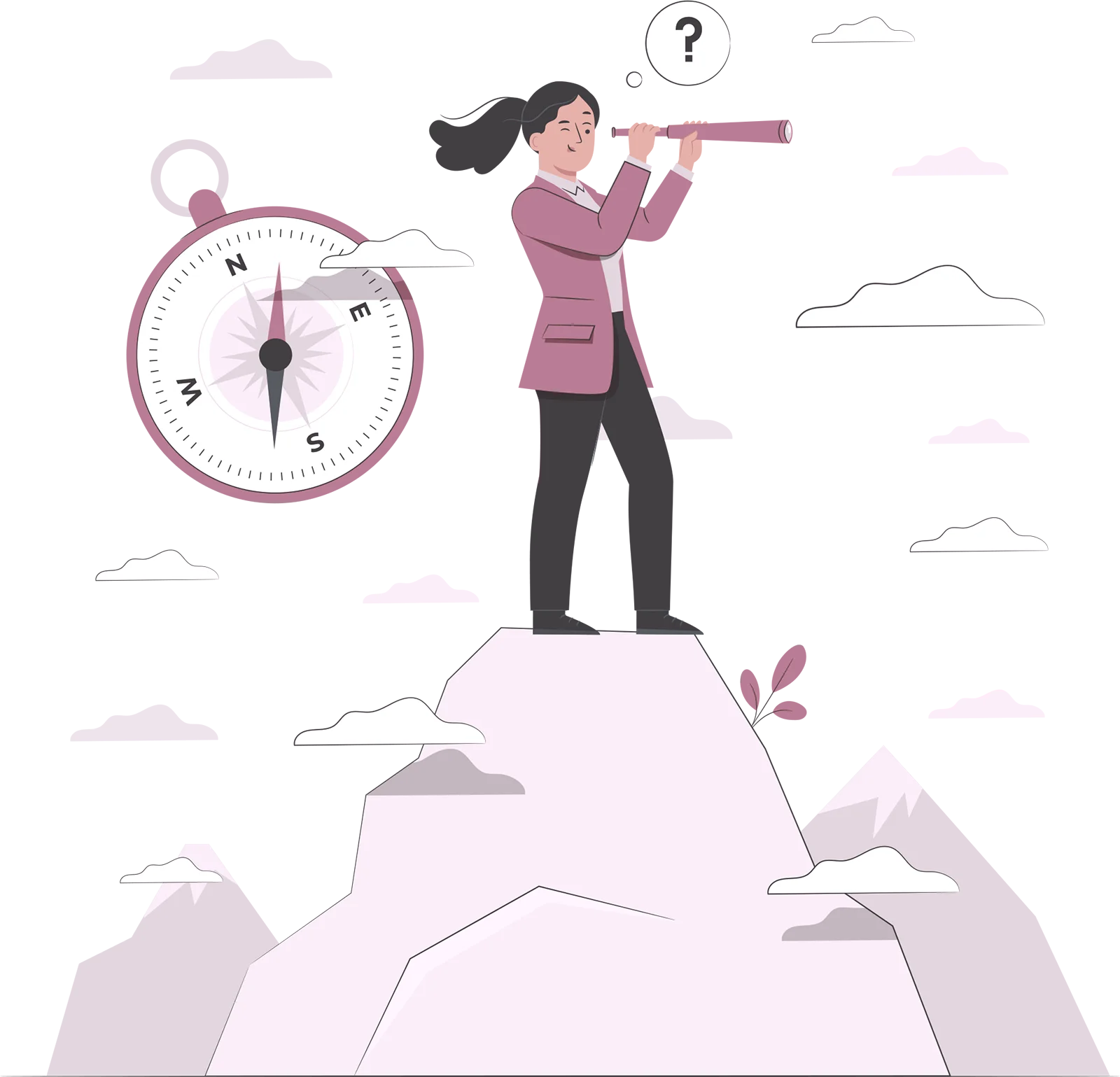 persona observando con un catalejo desde la cima de una montaña junto a una brújula como representación del planteamiento del problema en una investigación