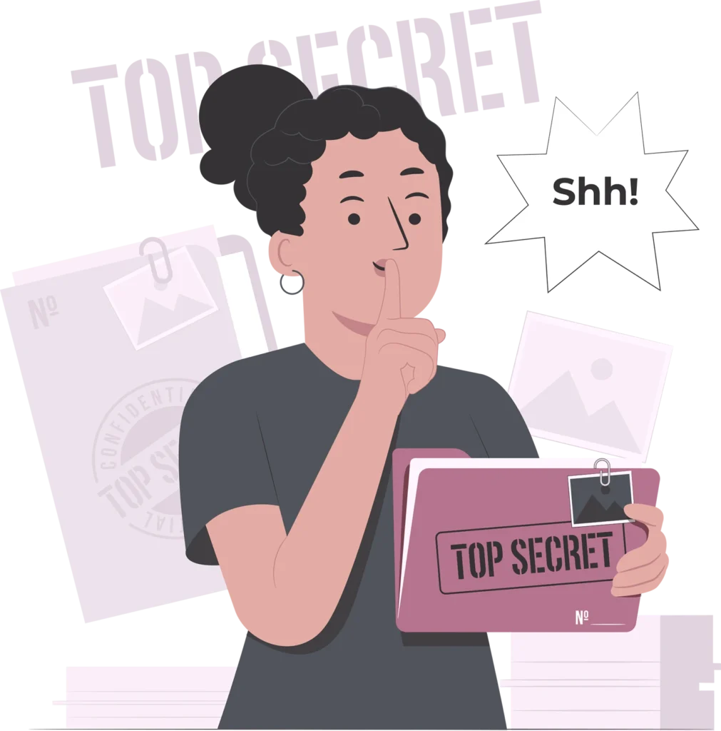 persona pidiendo silencio mientras sostiene una carpeta confidencial como representación del precio de un TFM