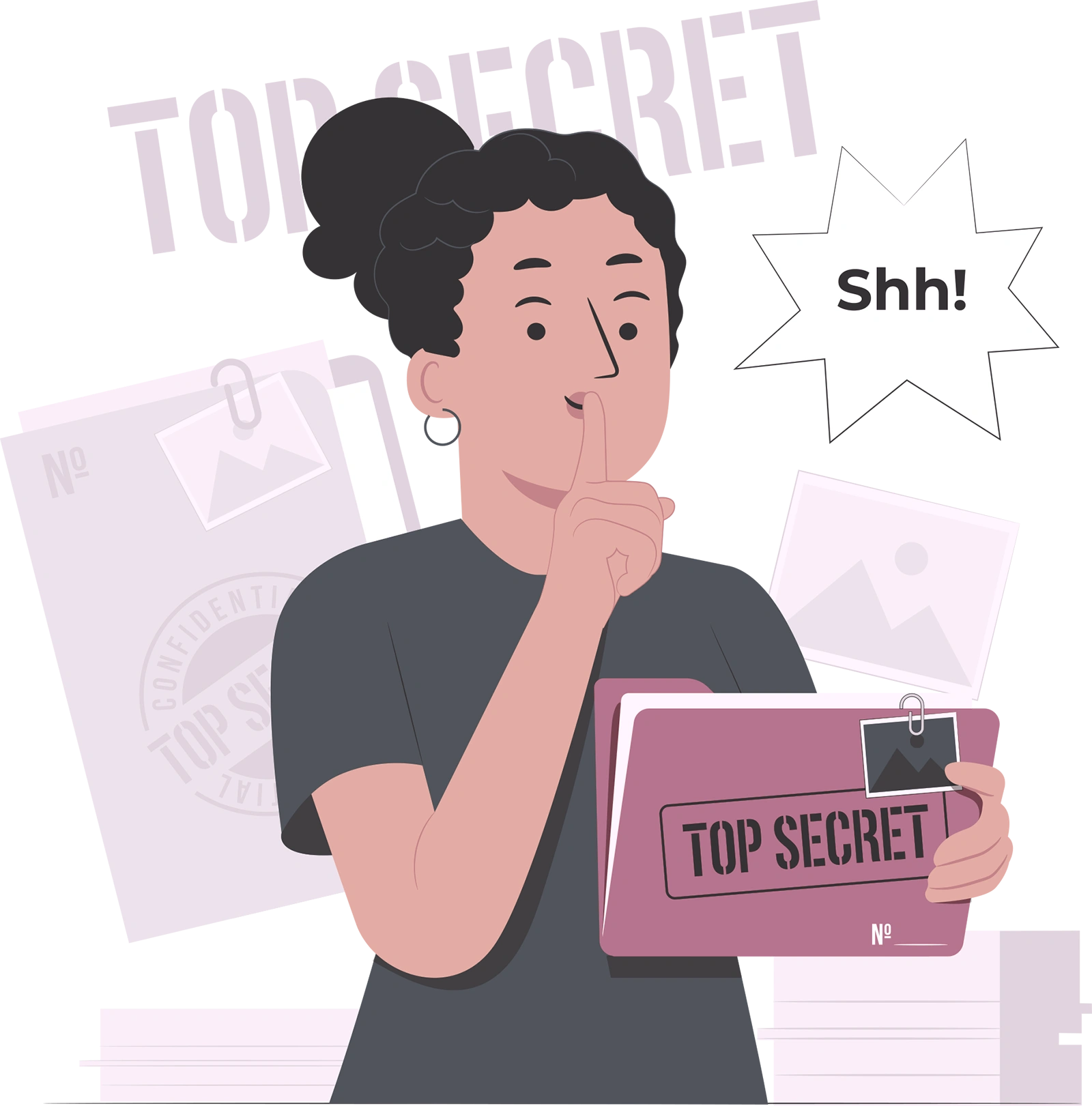 persona pidiendo silencio mientras sostiene una carpeta confidencial como representación del precio de un TFM