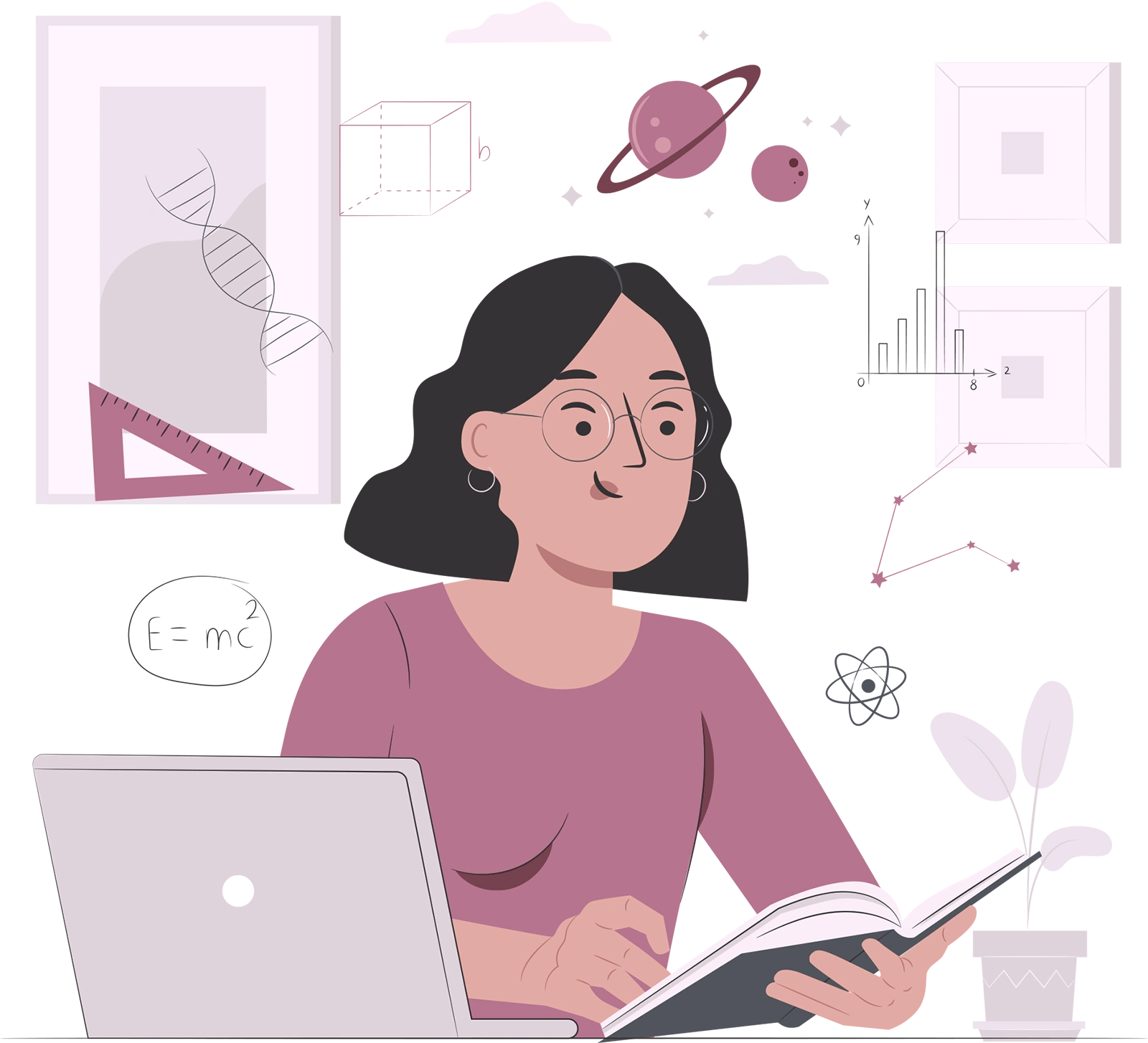 estudiante leyendo junto a una laptop y símbolos científicos como representación del tipo de investigación